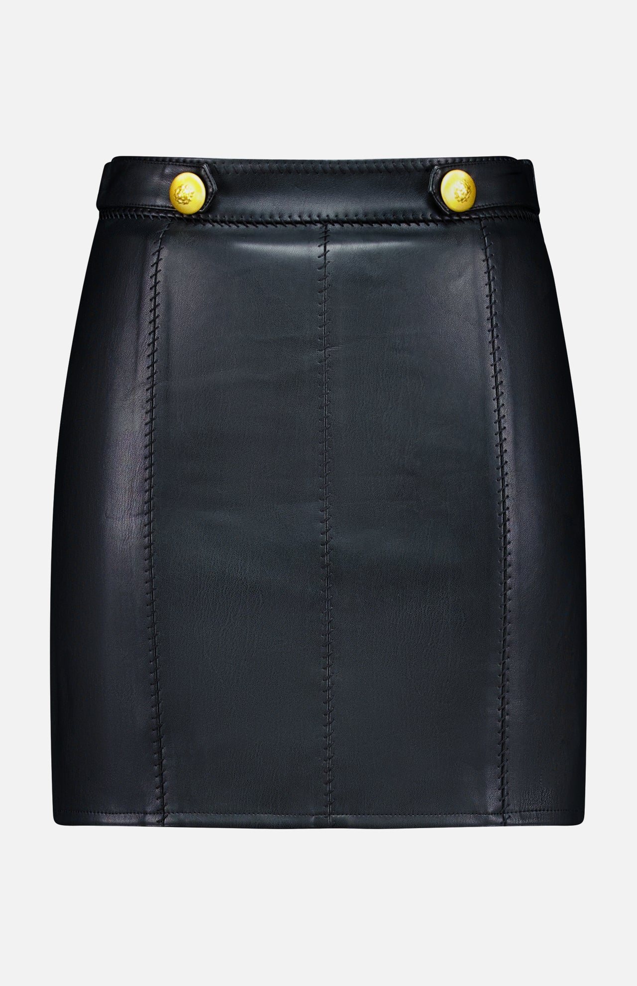 The Arlena Whipstitch Mini Skirt by L’AGENCE is a chic vegan leather mini skirt featuring visible whipstitch detailing and two gold buttons at the waistband, showcased against a plain white background.