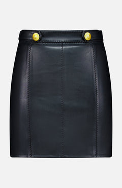 The Arlena Whipstitch Mini Skirt by L’AGENCE is a chic vegan leather mini skirt featuring visible whipstitch detailing and two gold buttons at the waistband, showcased against a plain white background.