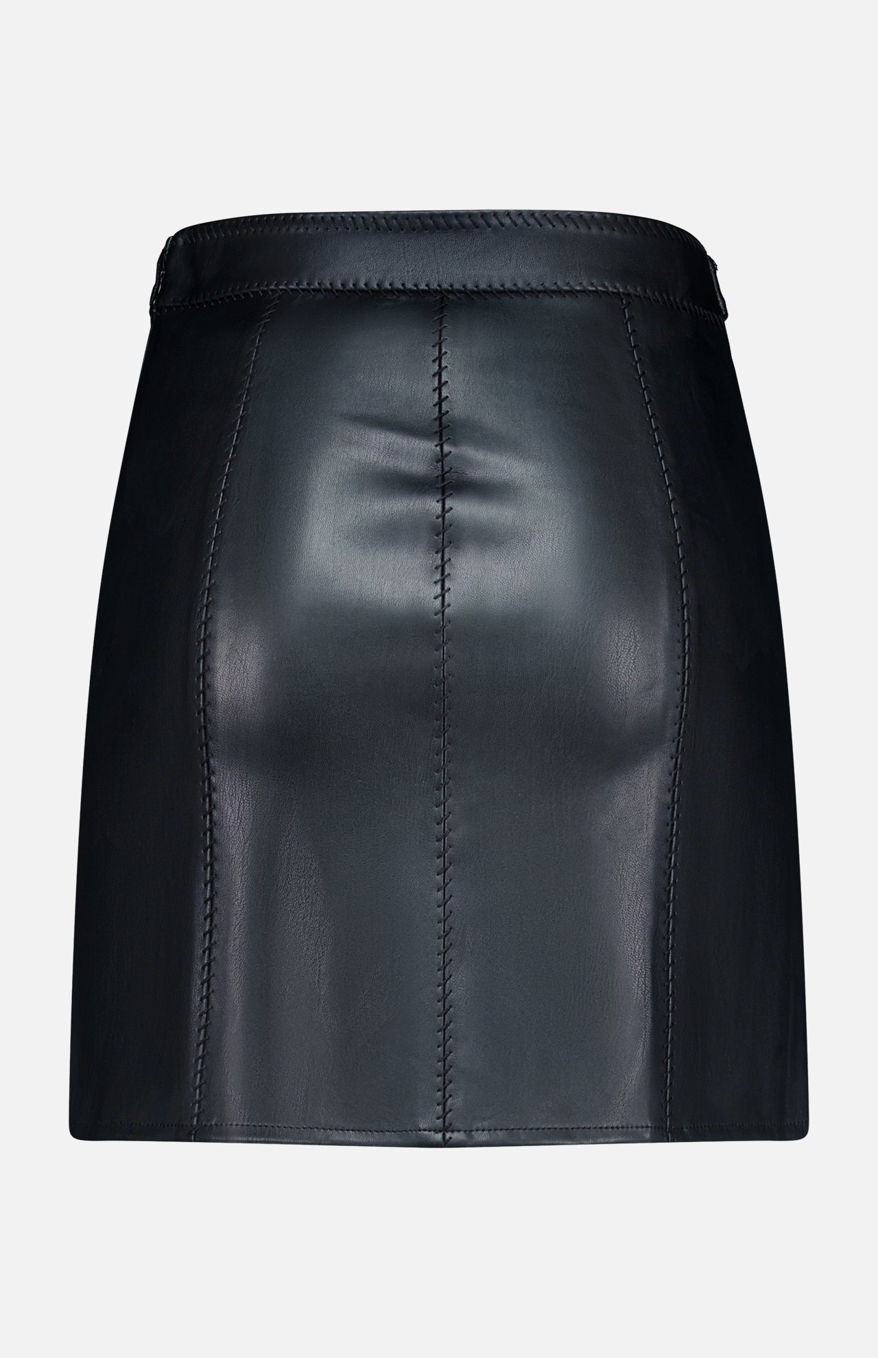 The Arlena Whipstitch Mini Skirt by L’AGENCE is a black vegan leather skirt featuring visible stitched seams, a fitted waistband, and a smooth, shiny finish, shown against a plain white background.