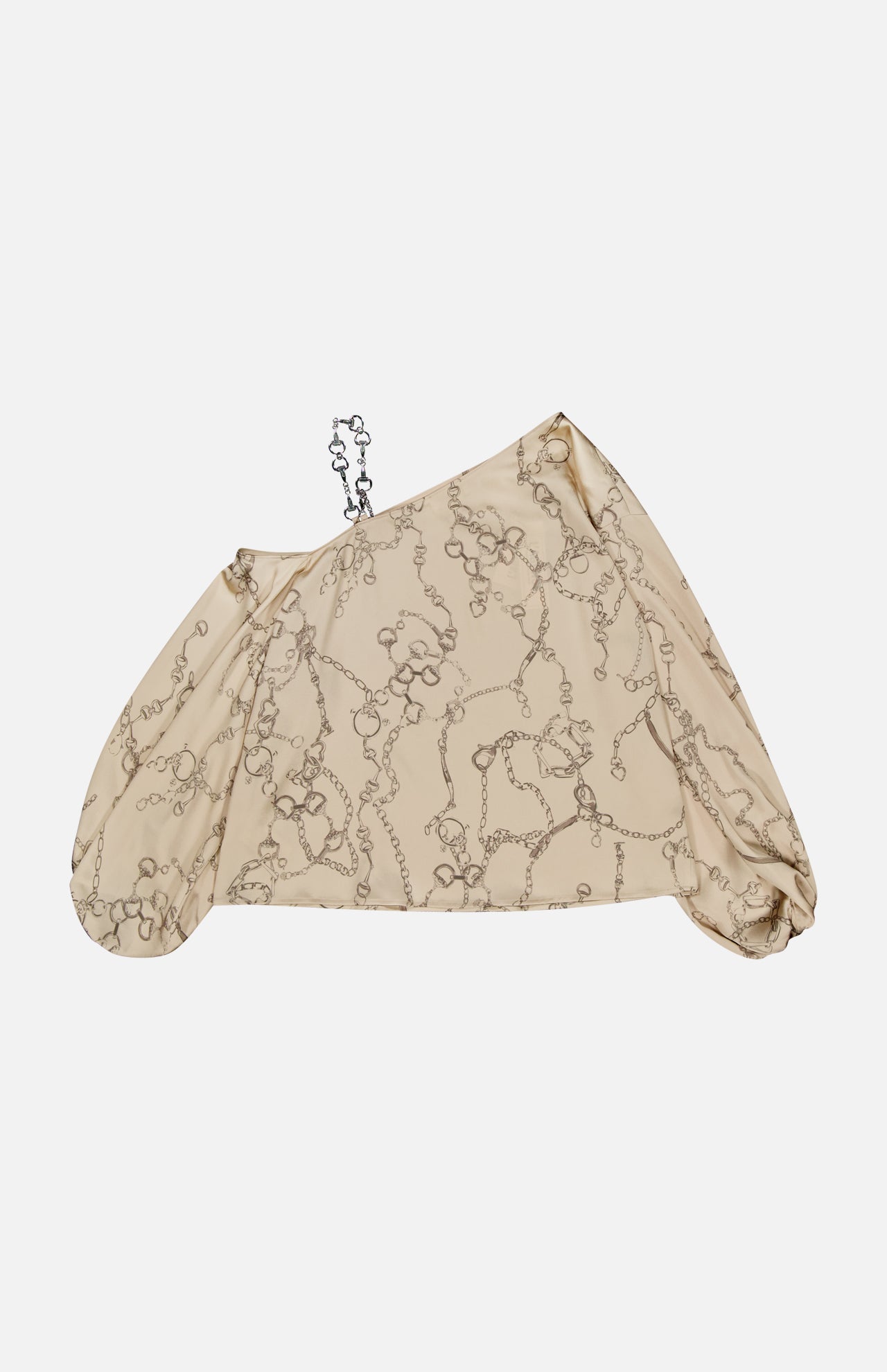 The Asami Chain One Shoulder Blouse by L'AGENCE features a beige chain print, loose asymmetrical sleeve, off-shoulder design, and subtle horsebit accent, displayed on a plain white background.