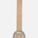 The Austin Concho Medlin Belt by L'AGENCE features tan suede, a large ornate silver buckle with a square center and scalloped edges, plus multiple adjustment holes for the perfect fit.