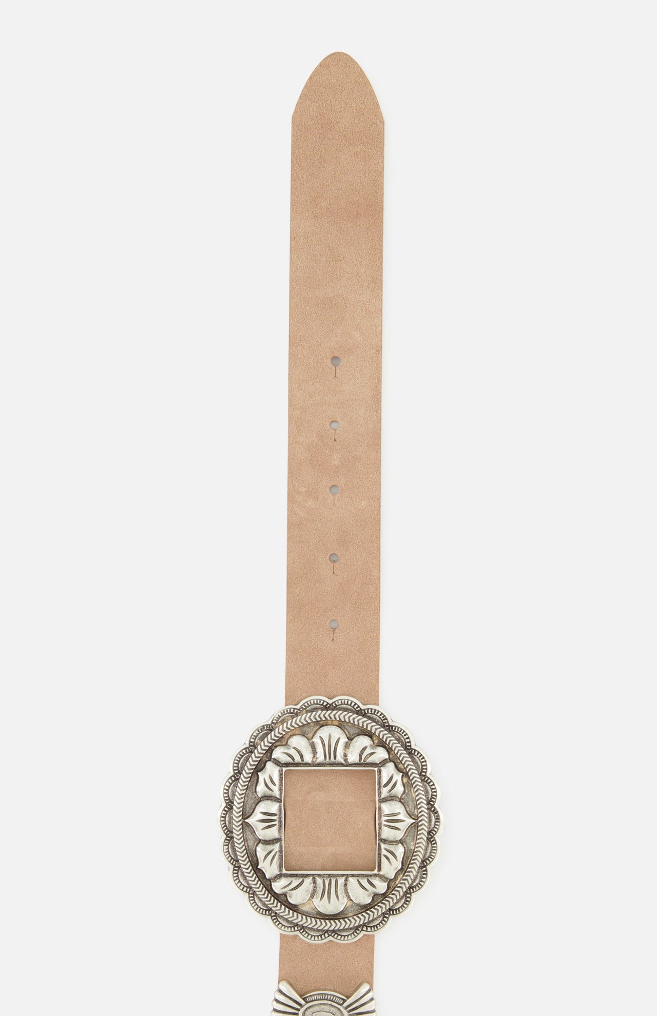 The Austin Concho Medlin Belt by L'AGENCE features tan suede, a large ornate silver buckle with a square center and scalloped edges, plus multiple adjustment holes for the perfect fit.