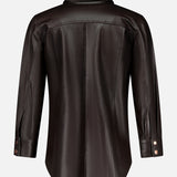 Back view of the L’AGENCE Avina Leather 3/4 Sleeve Blouse in dark brown lamb leather, featuring a pointed collar, visible seam details, and buttoned cuffs.