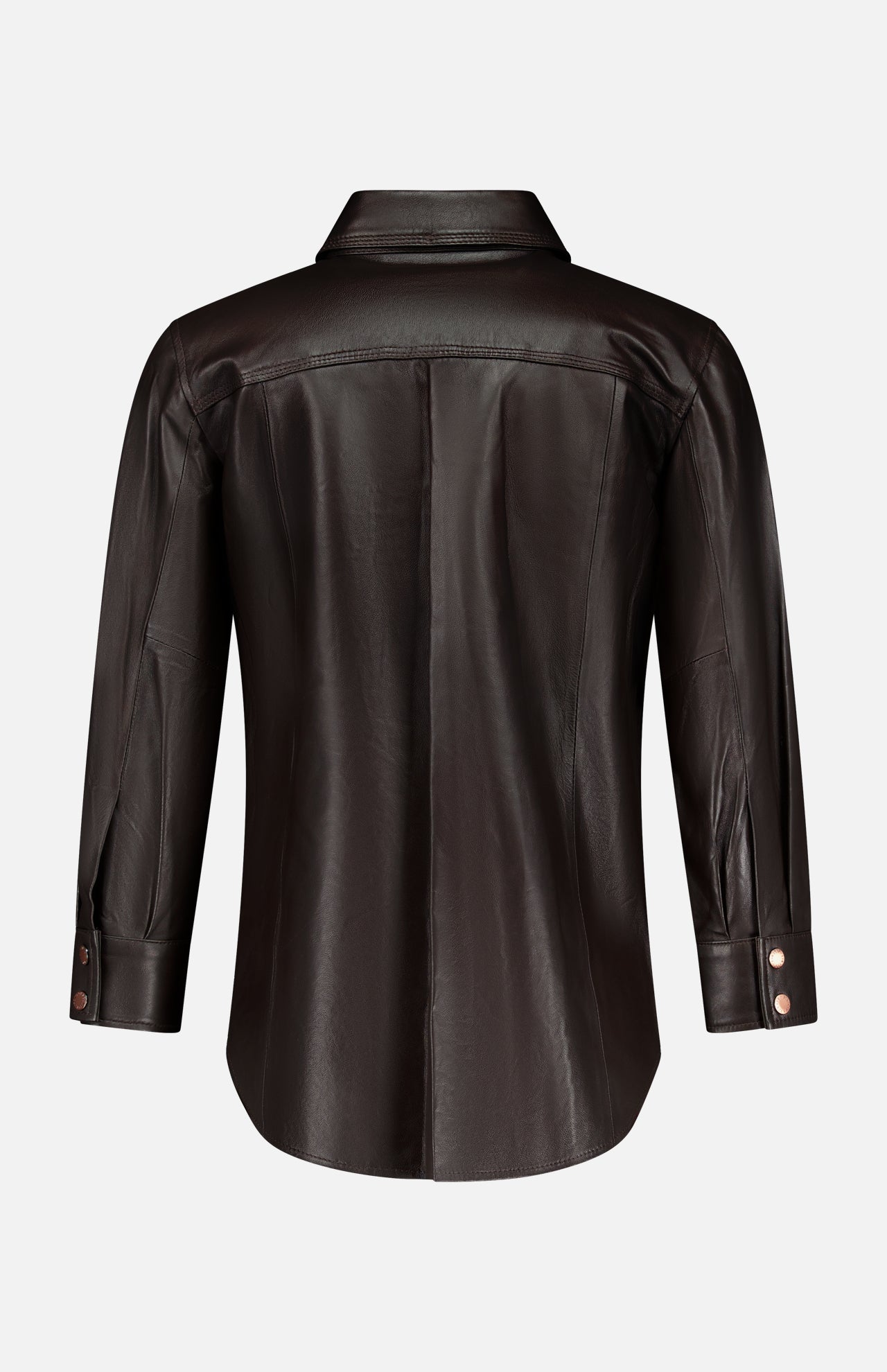 Back view of the L’AGENCE Avina Leather 3/4 Sleeve Blouse in dark brown lamb leather, featuring a pointed collar, visible seam details, and buttoned cuffs.