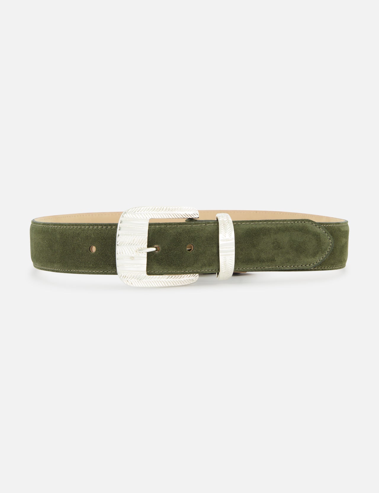 The Aya Western Engraved Belt by L'AGENCE, featuring olive green suede with a silver textured rectangular buckle and matching belt loop, is displayed flat against a white background—its Western-inspired design brings rugged elegance to any outfit.