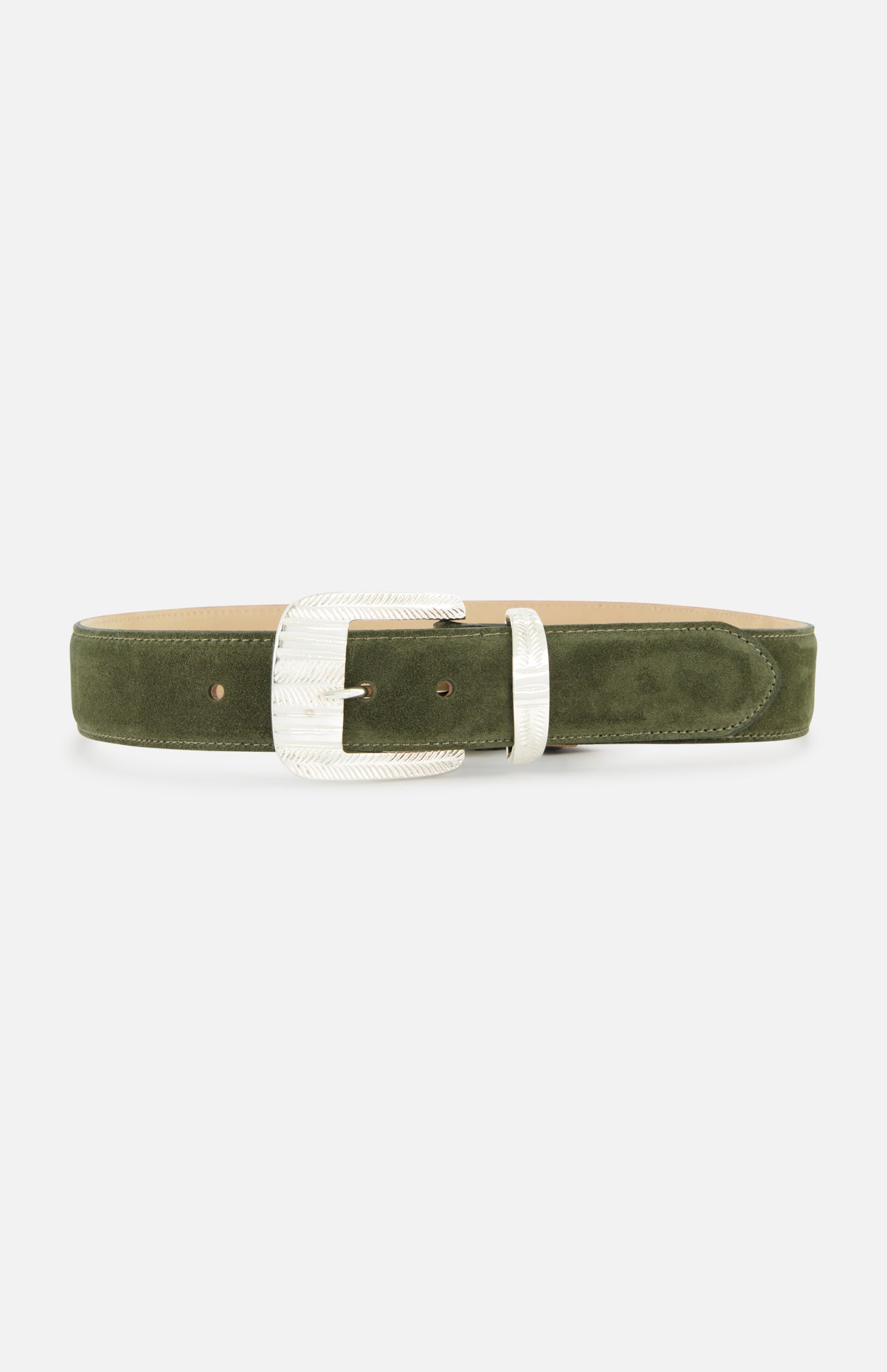 The Aya Western Engraved Belt by L'AGENCE, featuring olive green suede with a silver textured rectangular buckle and matching belt loop, is displayed flat against a white background—its Western-inspired design brings rugged elegance to any outfit.