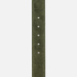 A close-up of the L’AGENCE Aya Western Engraved Belt, featuring olive green suede with visible stitching and five adjustment holes.
