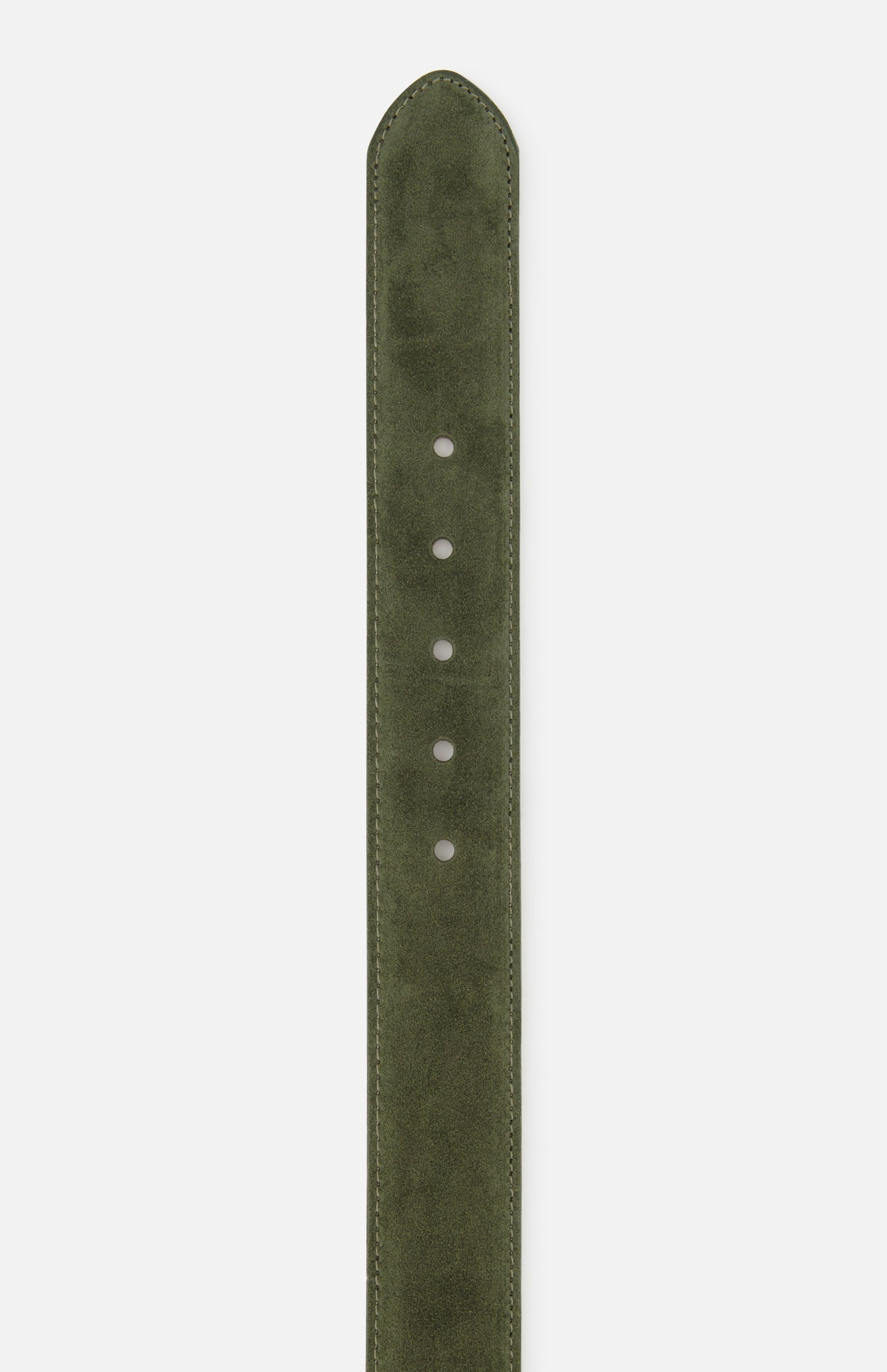 A close-up of the L’AGENCE Aya Western Engraved Belt, featuring olive green suede with visible stitching and five adjustment holes.