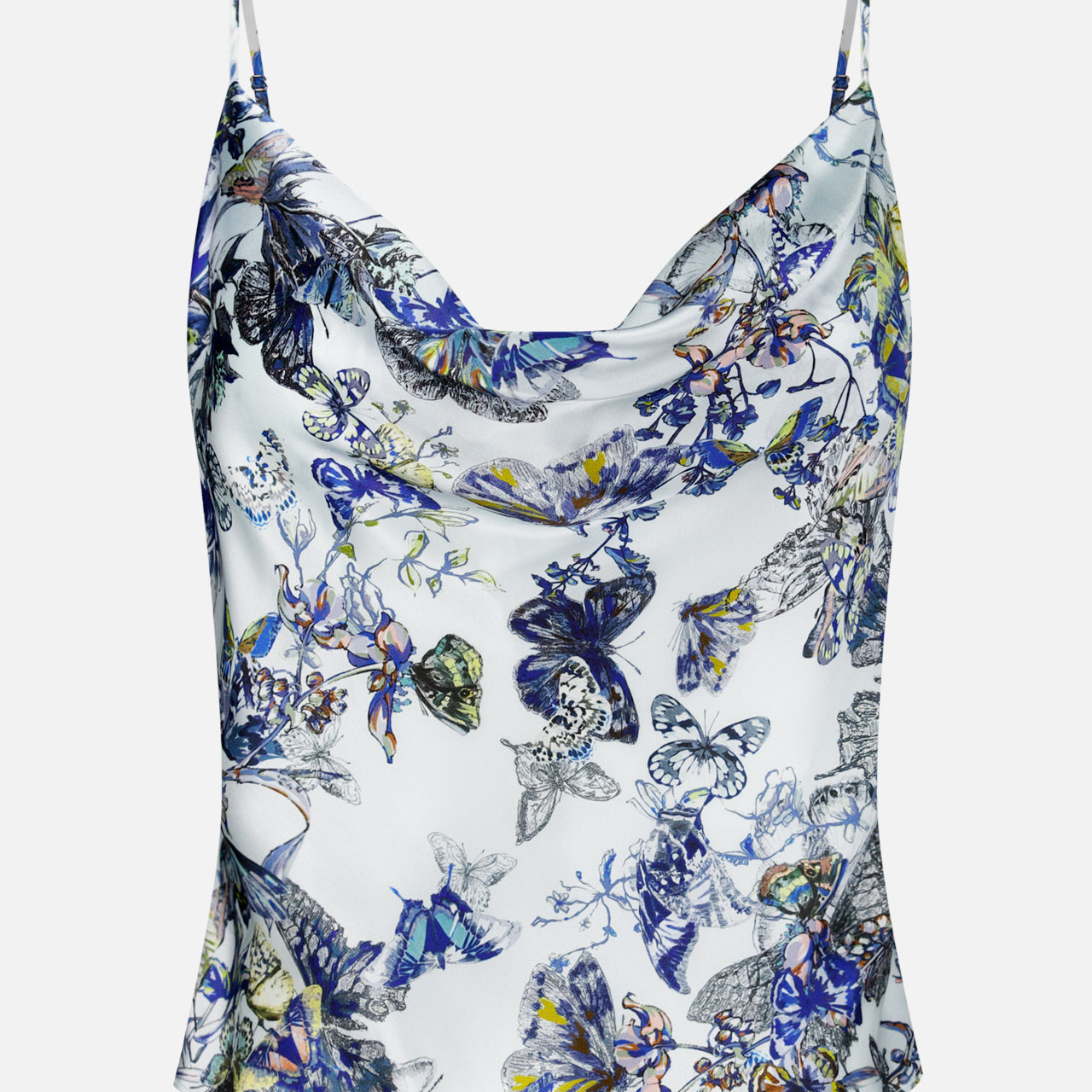 The Calista Cowl Neck Cami Top by L'AGENCE features thin straps and a cowl neckline, adorned with vibrant blue, purple, yellow, and green butterfly and floral prints on crisp white silk.