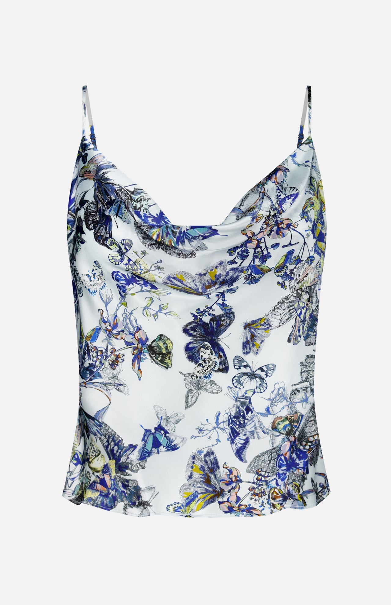 The Calista Cowl Neck Cami Top by L'AGENCE features thin straps and a cowl neckline, adorned with vibrant blue, purple, yellow, and green butterfly and floral prints on crisp white silk.
