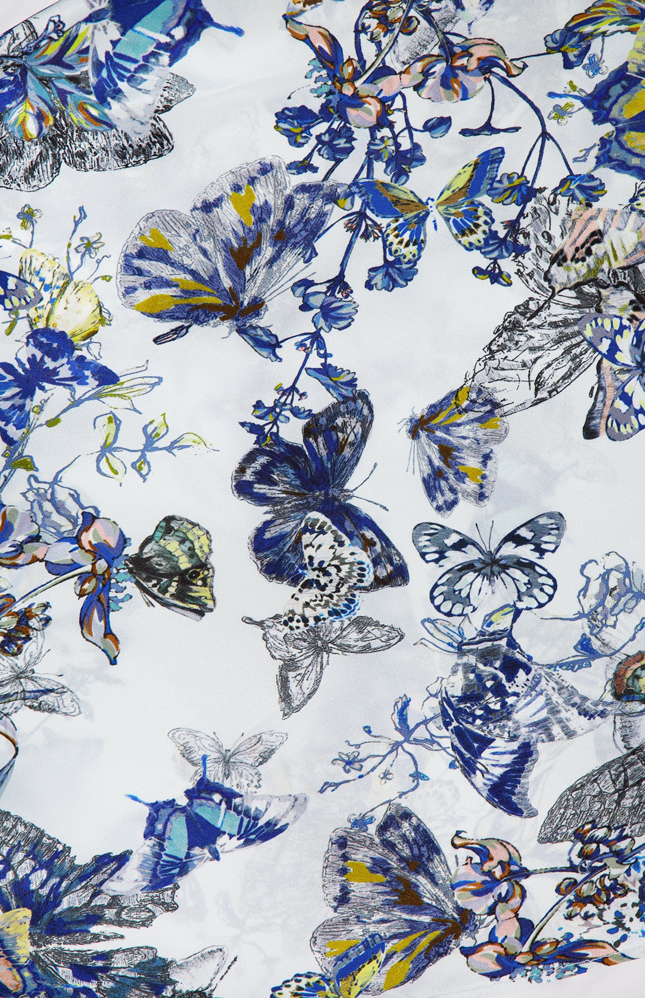 The Calista Cowl Neck Cami Top by L'AGENCE features a lively butterfly and floral print in blue, yellow, and gray on a white background for an artistic look.