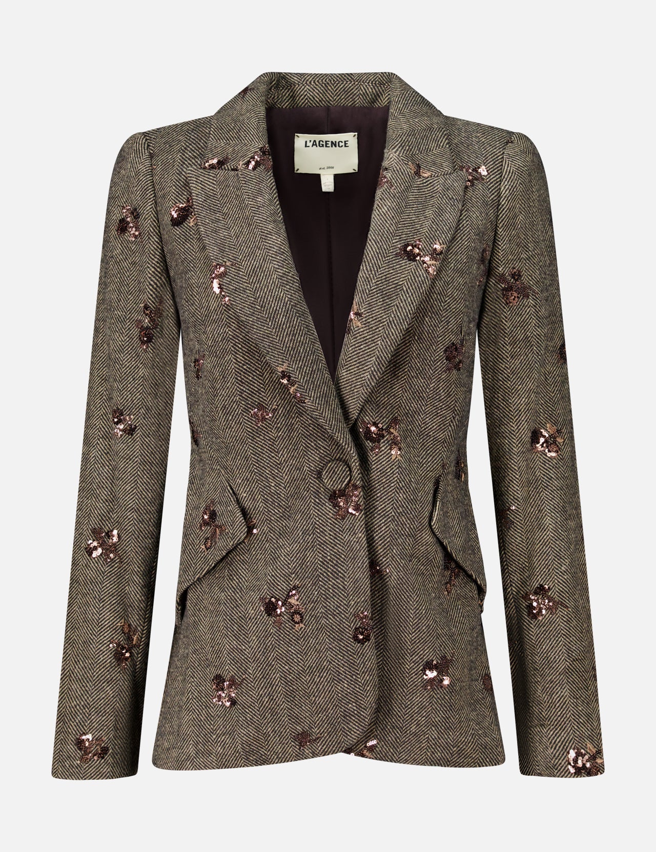 Chamberlain Sequin Flower Blazer in brown herringbone with a single-breasted closure and scattered sequin flower details.