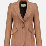 The Chamberlain Pinstripe Blazer by L’AGENCE is a mocha women’s office blazer featuring tan pinstripes, a single button closure, wide lapels, two front flap pockets, and long sleeves. Displayed on a plain white background, this blazer blends classic sophistication with modern style.