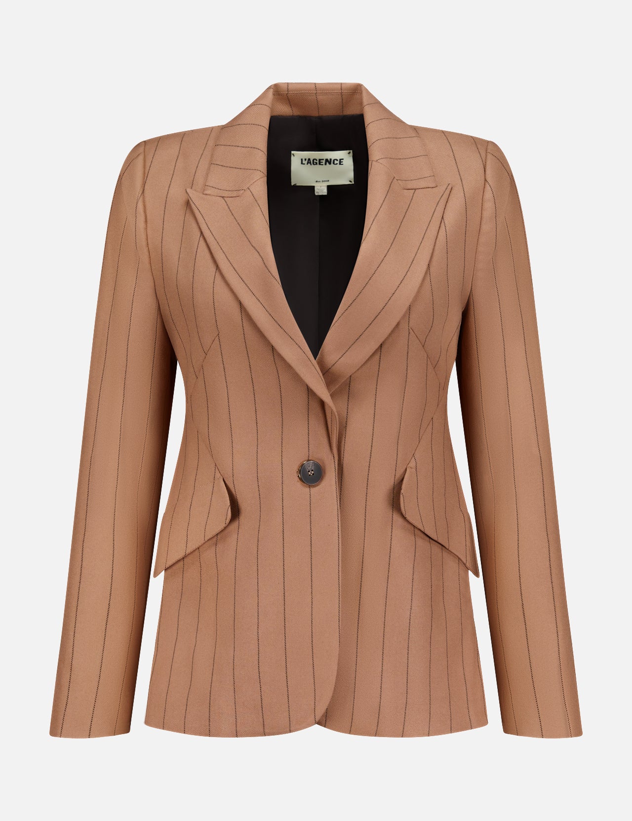 The Chamberlain Pinstripe Blazer by L’AGENCE is a mocha women’s office blazer featuring tan pinstripes, a single button closure, wide lapels, two front flap pockets, and long sleeves. Displayed on a plain white background, this blazer blends classic sophistication with modern style.
