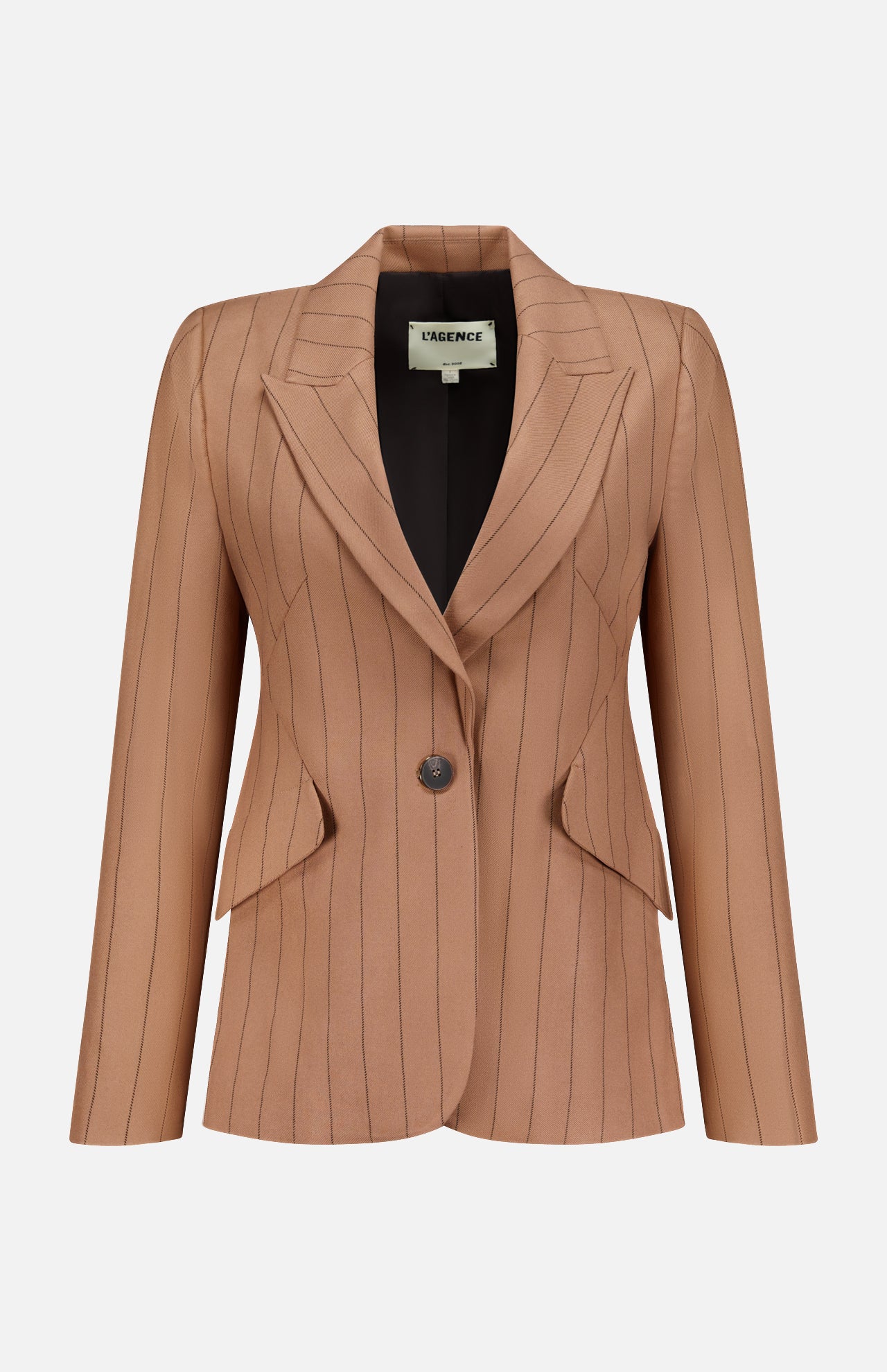 The Chamberlain Pinstripe Blazer by L’AGENCE is a mocha women’s office blazer featuring tan pinstripes, a single button closure, wide lapels, two front flap pockets, and long sleeves. Displayed on a plain white background, this blazer blends classic sophistication with modern style.