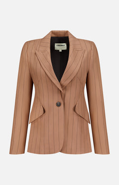 The Chamberlain Pinstripe Blazer by L’AGENCE is a mocha women’s office blazer featuring tan pinstripes, a single button closure, wide lapels, two front flap pockets, and long sleeves. Displayed on a plain white background, this blazer blends classic sophistication with modern style.