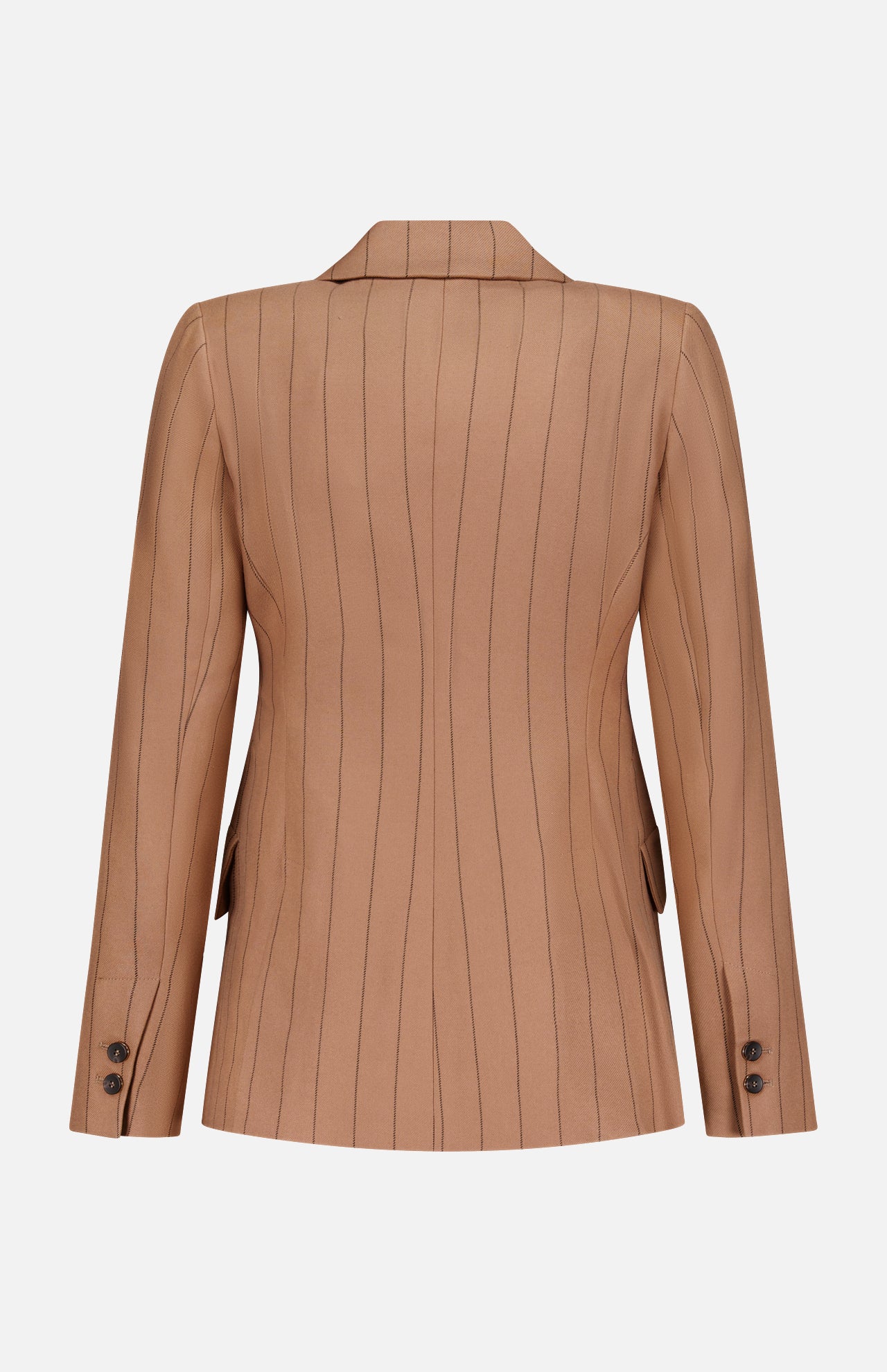 The Chamberlain Pinstripe Blazer by L'AGENCE is showcased from the back, highlighting its tan fabric with black pinstripes, a notch collar, long sleeves, and black buttons on the cuffs. Designed with a tailored fit and two side vents, this women's office blazer is a versatile addition to your professional wardrobe.
