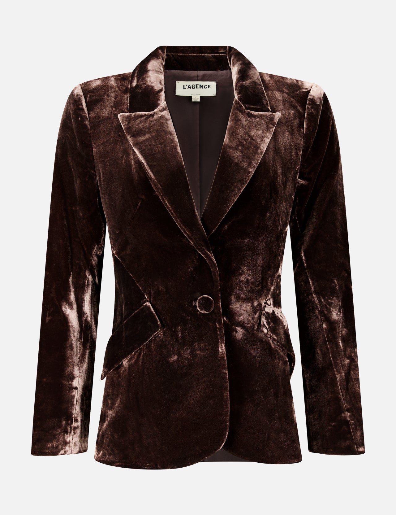 L’Agence Chamberlain Velvet Blazer in plush dark brown velvet with notched lapels and a single-button closure.