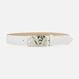 The Chara Organic Hammer Belt by L'AGENCE is a white leather belt with a textured finish and a rectangular marbled silver buckle with black accents, shown against a plain white background.