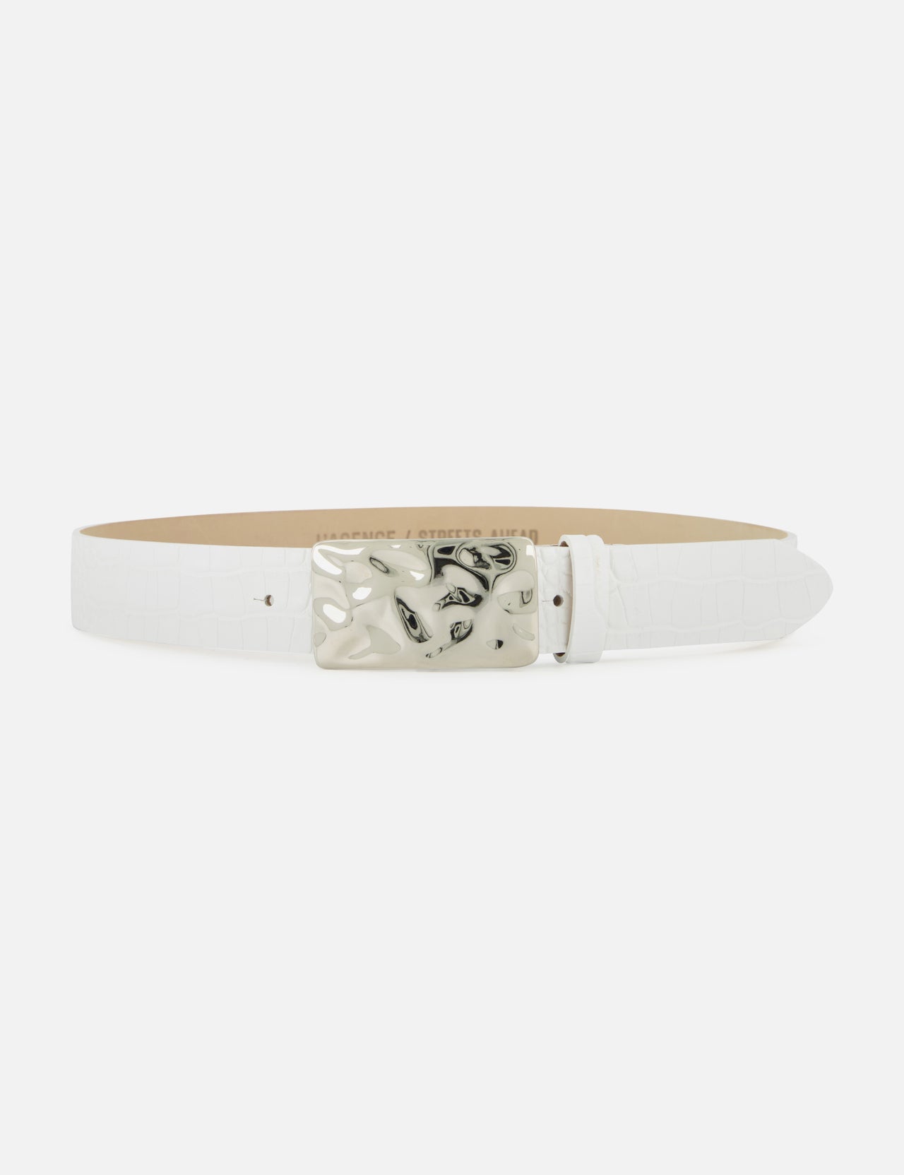 The Chara Organic Hammer Belt by L'AGENCE is a white leather belt with a textured finish and a rectangular marbled silver buckle with black accents, shown against a plain white background.