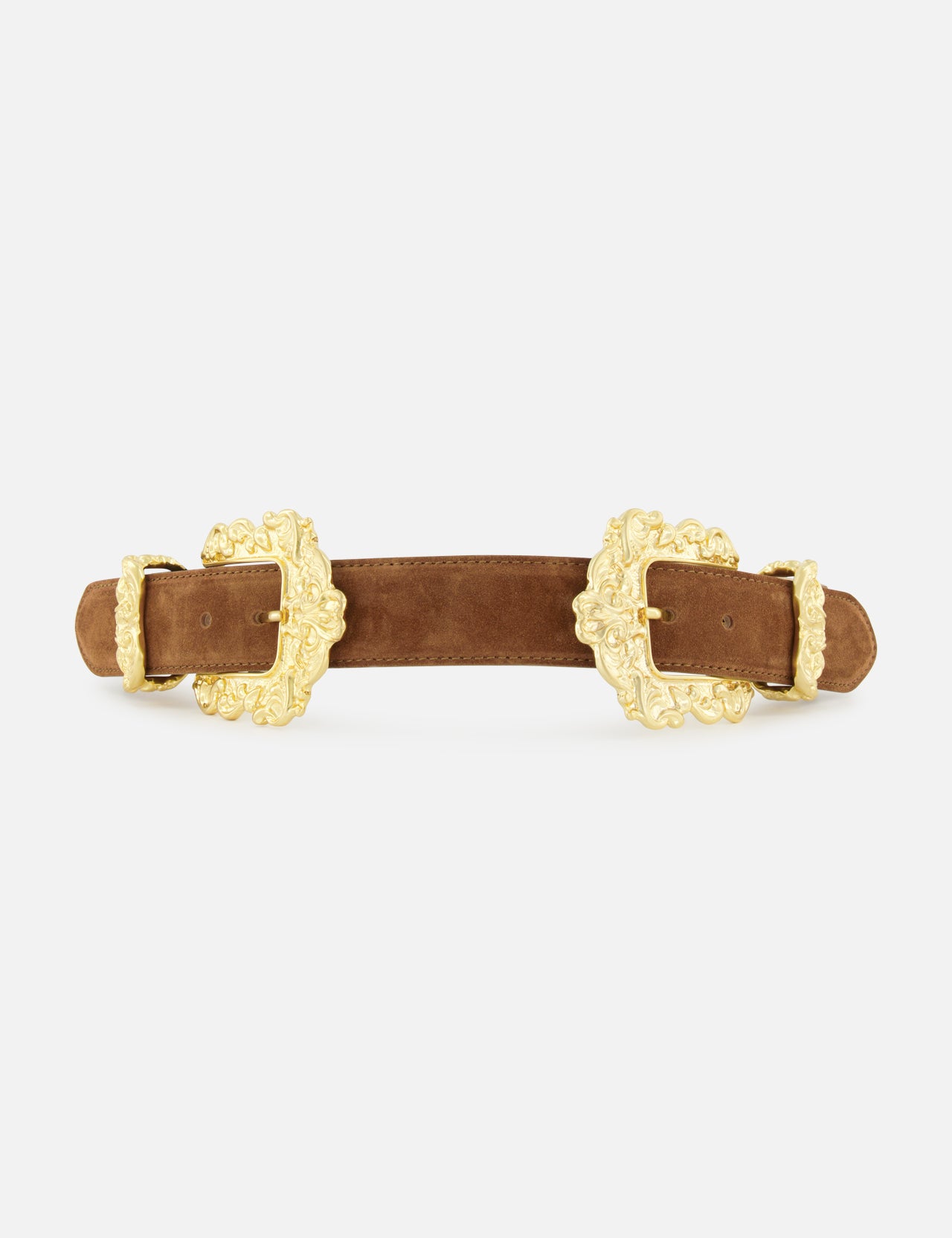 The Chayenne Ornate Double Belt by L’AGENCE, a brown suede accessory accented with two intricate gold-plated buckles featuring floral designs, is elegantly displayed against a plain white background.