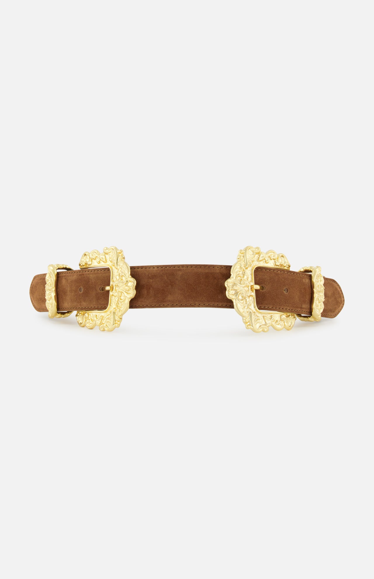 The Chayenne Ornate Double Belt by L’AGENCE, a brown suede accessory accented with two intricate gold-plated buckles featuring floral designs, is elegantly displayed against a plain white background.