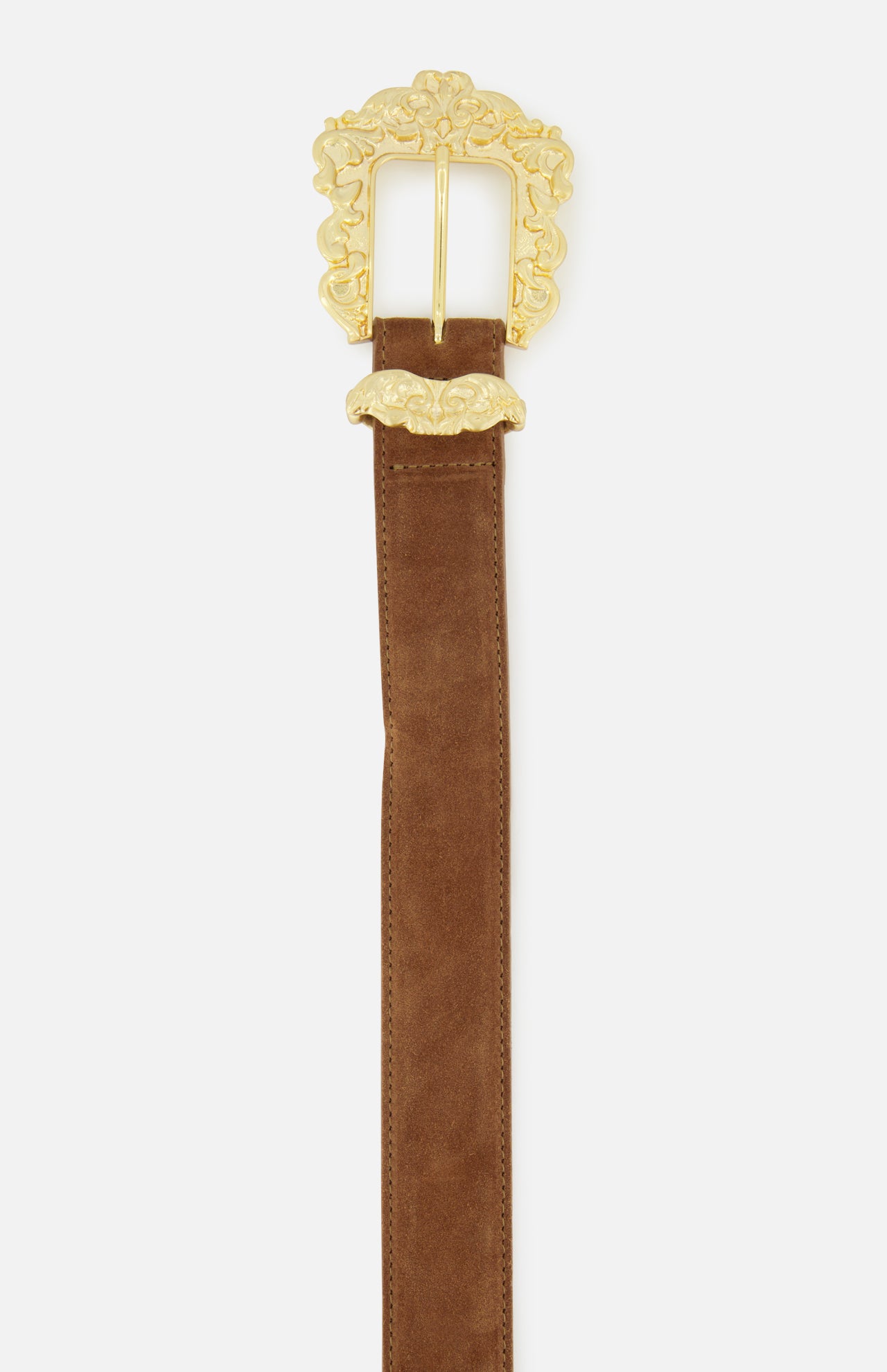 The Chayenne Ornate Double Belt by L’AGENCE features a rich brown suede design accented with a decorative, ornate gold-plated buckle and a matching gold belt loop, presented against a plain white background.