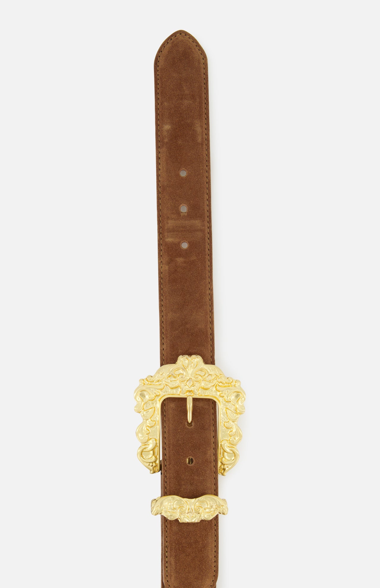 The Chayenne Ornate Double Belt by L’AGENCE is crafted from brown suede and features a large, gold-plated buckle with decorative scrollwork, showcased against a plain white background.