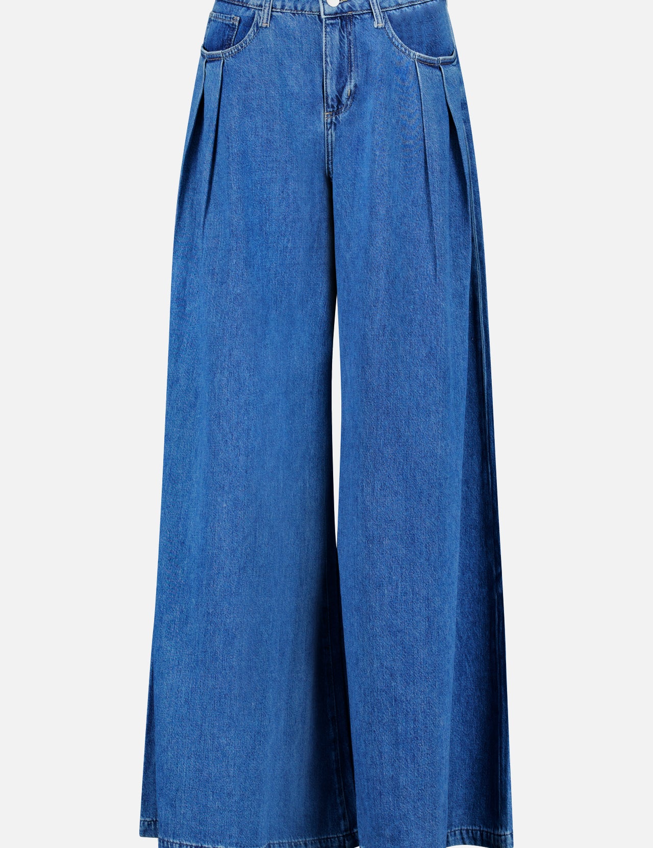 The Chayse High Rise Super Wide Leg Jean in Towson by L’AGENCE features blue denim with front pleats, side pockets, and a button closure at the waist, shown against a white background.