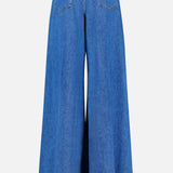 Back view of the L’AGENCE Chayse High Rise Super Wide Leg Jean in Towson, featuring subtle pleating details, two back pockets, flared legs, and no visible branding, displayed on a plain white background.
