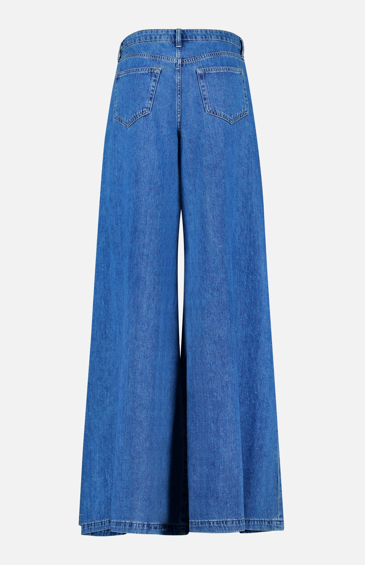 Back view of the L’AGENCE Chayse High Rise Super Wide Leg Jean in Towson, featuring subtle pleating details, two back pockets, flared legs, and no visible branding, displayed on a plain white background.