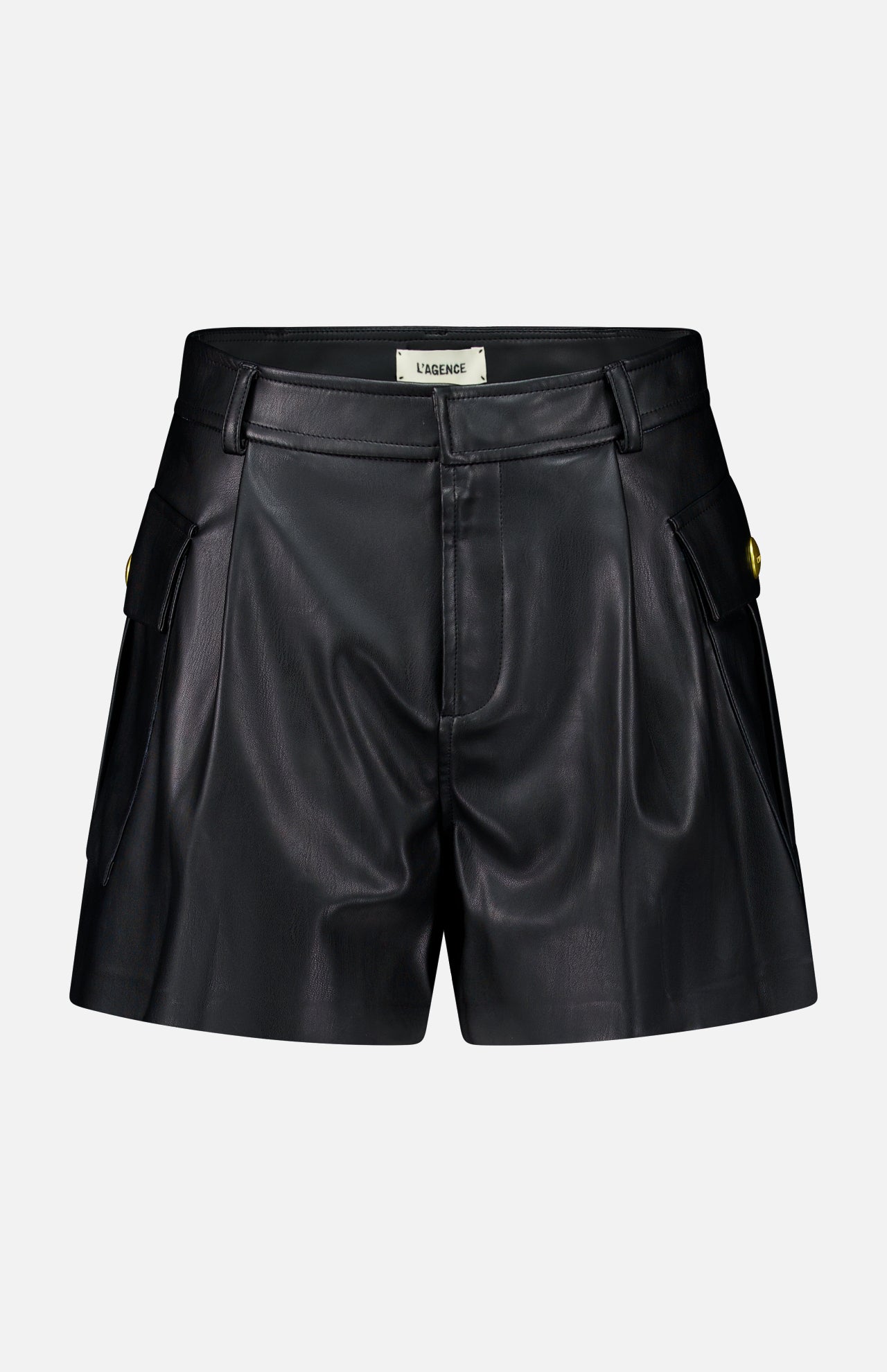 Clairmont Cargo Short in black faux leather with side pockets and gold buttons.