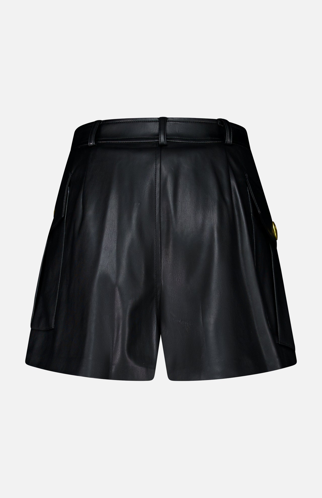 Back view of black faux leather Clairmont Cargo Short featuring side pockets, belt loops, and metallic hardware.