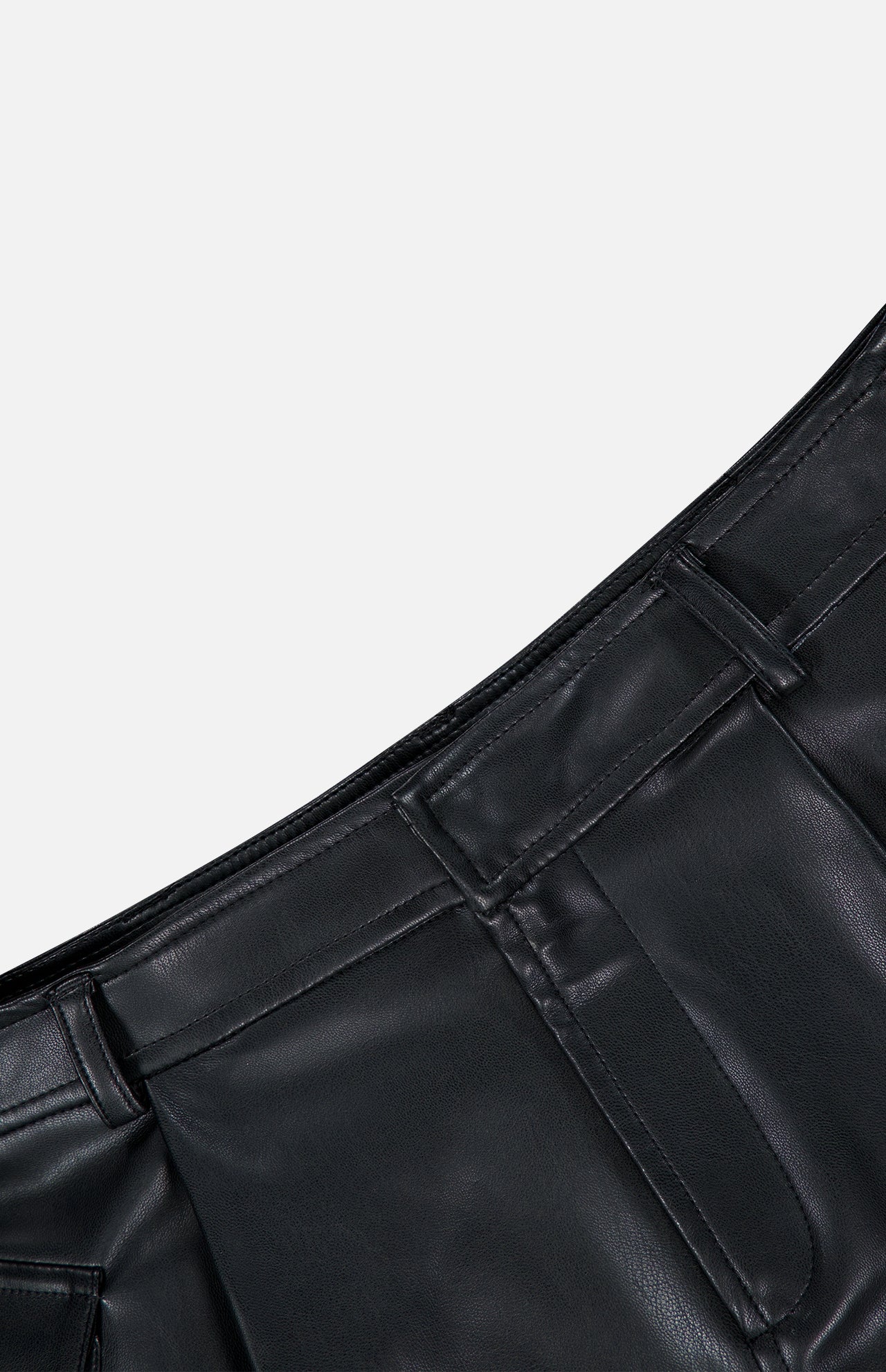 Black faux leather Clairmont Cargo Short featuring a waistband with belt loops.