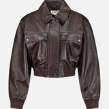 L’AGENCE Clotilde Leather Bomber Jacket in dark brown, featuring a cropped silhouette with a pointed collar, front snap buttons, two large flap chest pockets, and ribbed cuffs and hem, displayed on a plain white background.
