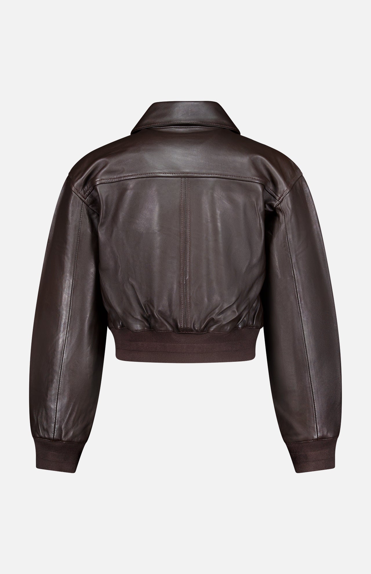 The Clotilde Leather Bomber Jacket by L’AGENCE is a cropped dark brown leather piece featuring a wide collar, long sleeves, and ribbed cuffs and hem, all styled in a classic bomber silhouette. It is pictured from the back against a plain white background.