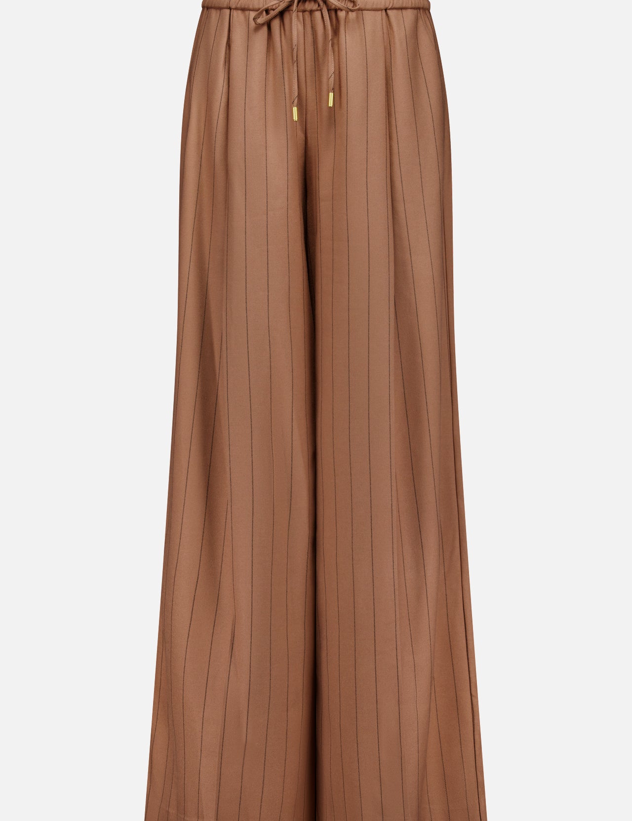 The Connie Drawstring Pinstripe Trouser by L'AGENCE features a wide-leg, high-waisted silhouette in brown with subtle vertical pinstripes, an elastic waistband, and a drawstring finished with gold metal tips. Shown against a plain white background, these trousers are ideal for pairing with the matching blazer to complete your look.