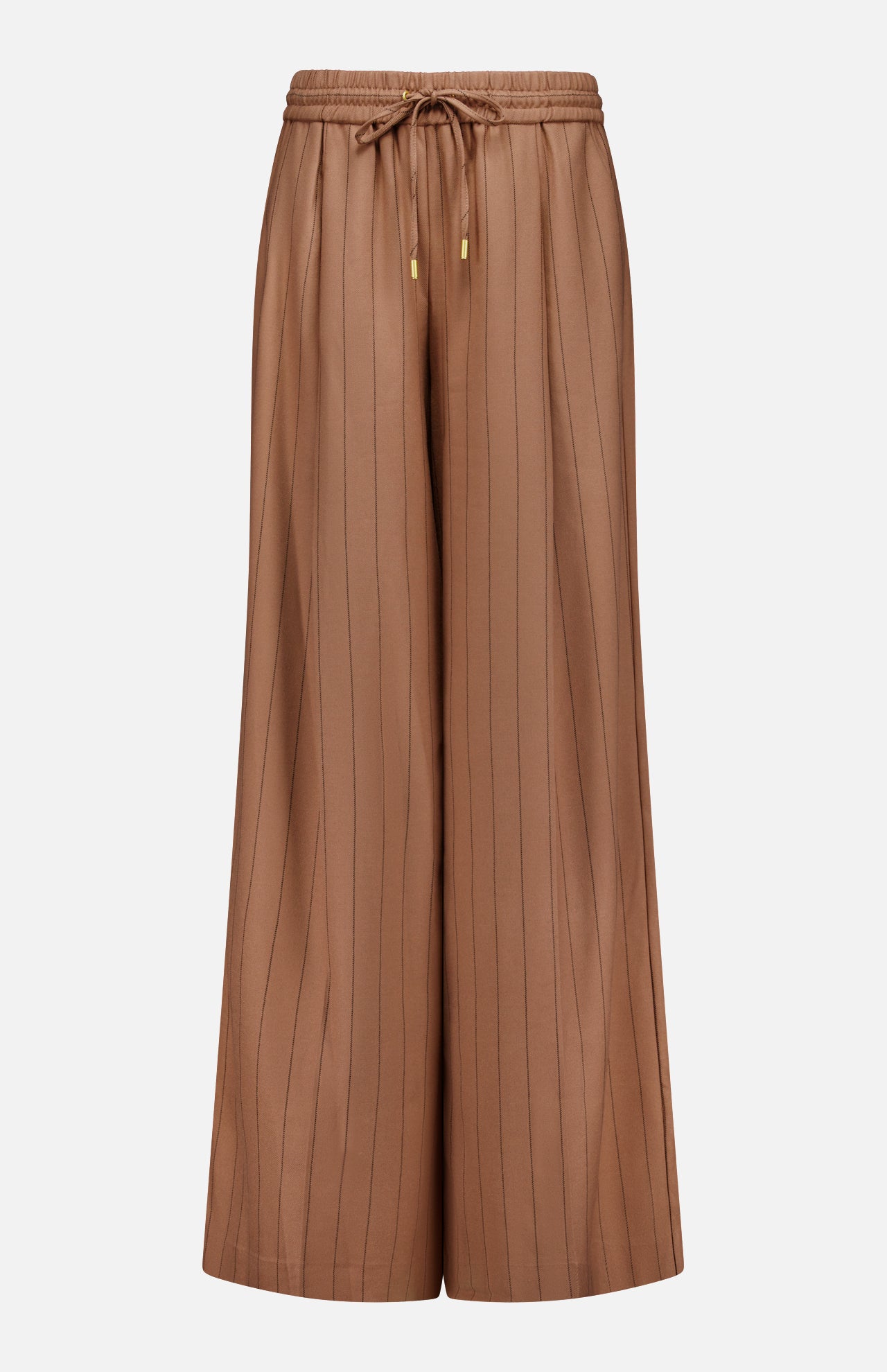 The Connie Drawstring Pinstripe Trouser by L'AGENCE features a wide-leg, high-waisted silhouette in brown with subtle vertical pinstripes, an elastic waistband, and a drawstring finished with gold metal tips. Shown against a plain white background, these trousers are ideal for pairing with the matching blazer to complete your look.