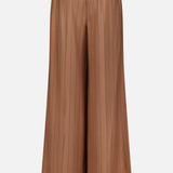 The Connie Drawstring Pinstripe Trouser by L'AGENCE features a wide-leg, high-waisted silhouette in brown with subtle vertical pinstripes and an elastic drawstring waistband, shown against a white background. Ideal for styling with the matching blazer for a sleek, coordinated look.