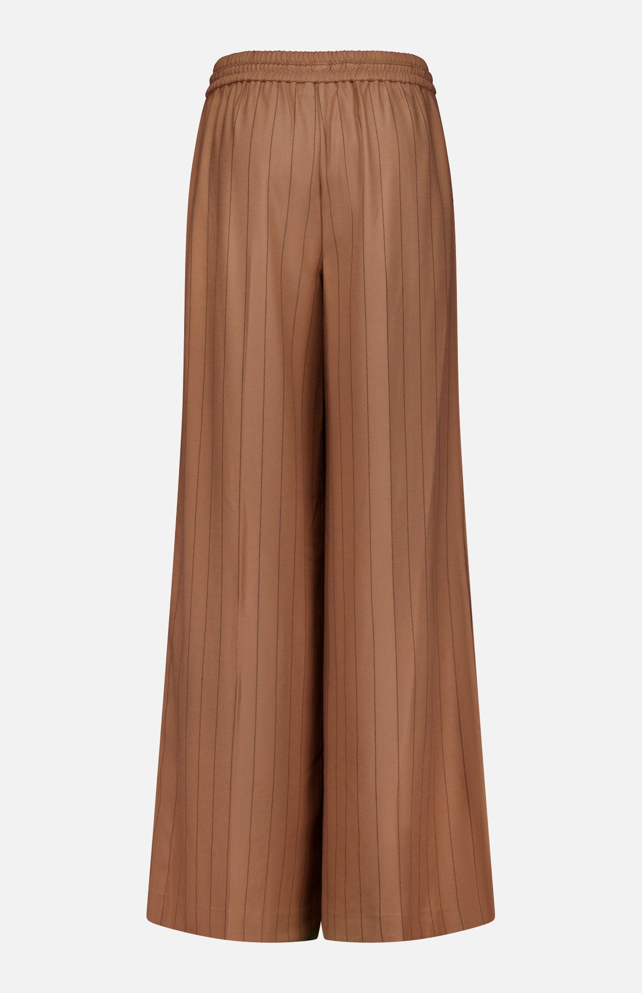The Connie Drawstring Pinstripe Trouser by L'AGENCE features a wide-leg, high-waisted silhouette in brown with subtle vertical pinstripes and an elastic drawstring waistband, shown against a white background. Ideal for styling with the matching blazer for a sleek, coordinated look.