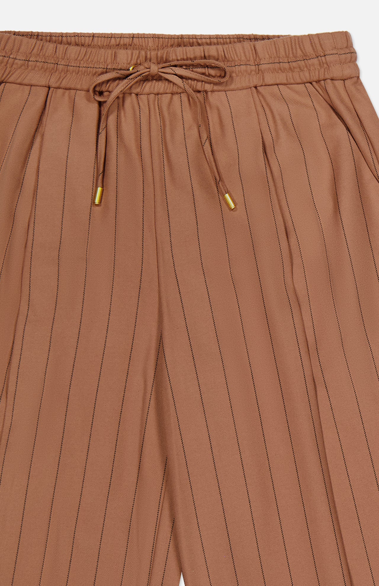 The Connie Drawstring Pinstripe Trouser by L'AGENCE showcases a light brown wide-leg silhouette with thin vertical black pinstripes, an elasticated waistband, drawstring finished with gold-colored tips, and convenient side pockets. Style it with the matching blazer for a sleek, coordinated ensemble.