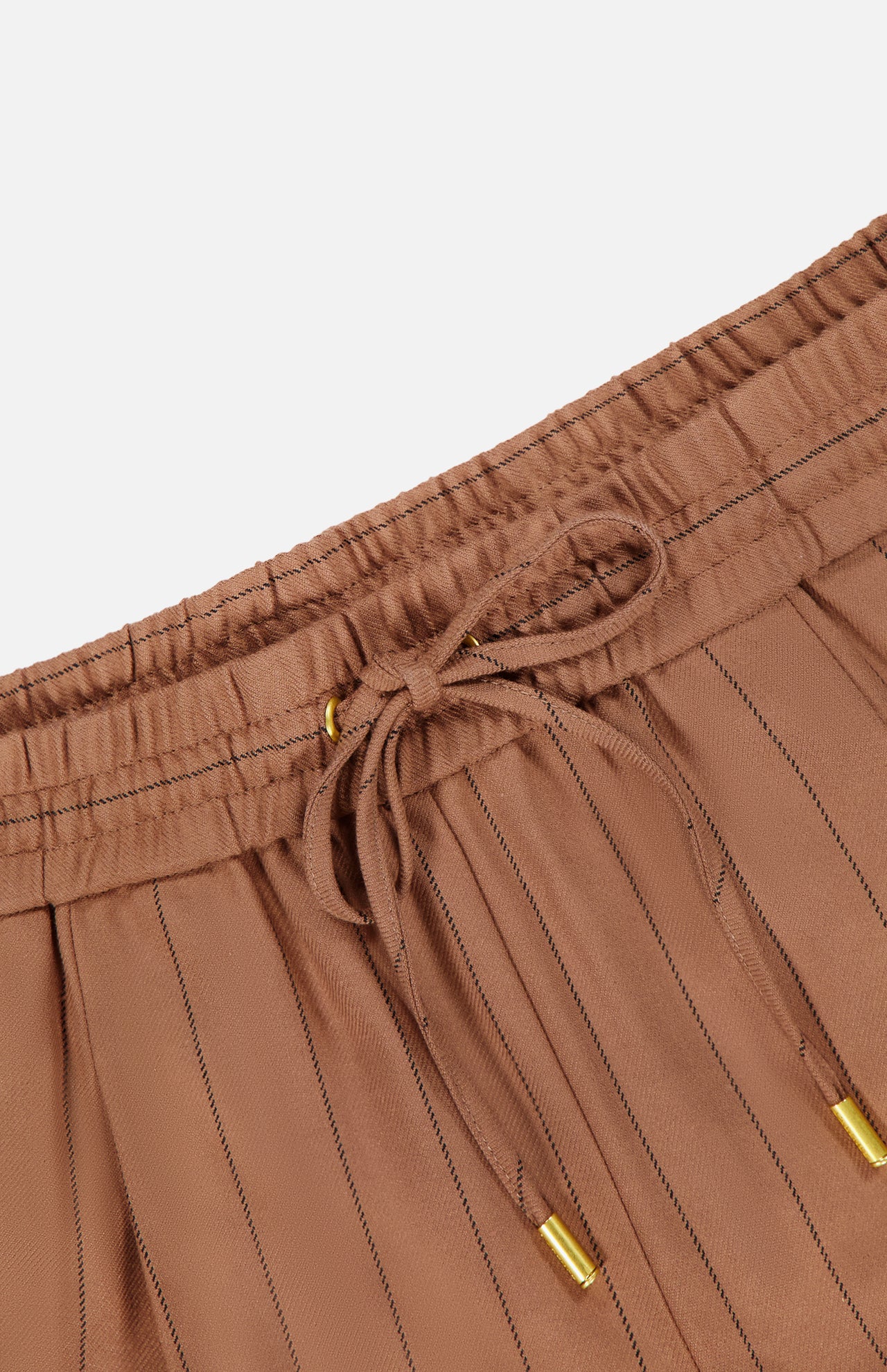 Close-up of the Connie Drawstring Pinstripe Trouser by L'AGENCE in brown with thin black pinstripes, featuring wide legs, a pleated design, an elastic waistband, and a drawstring tied in a bow with gold metal tips.