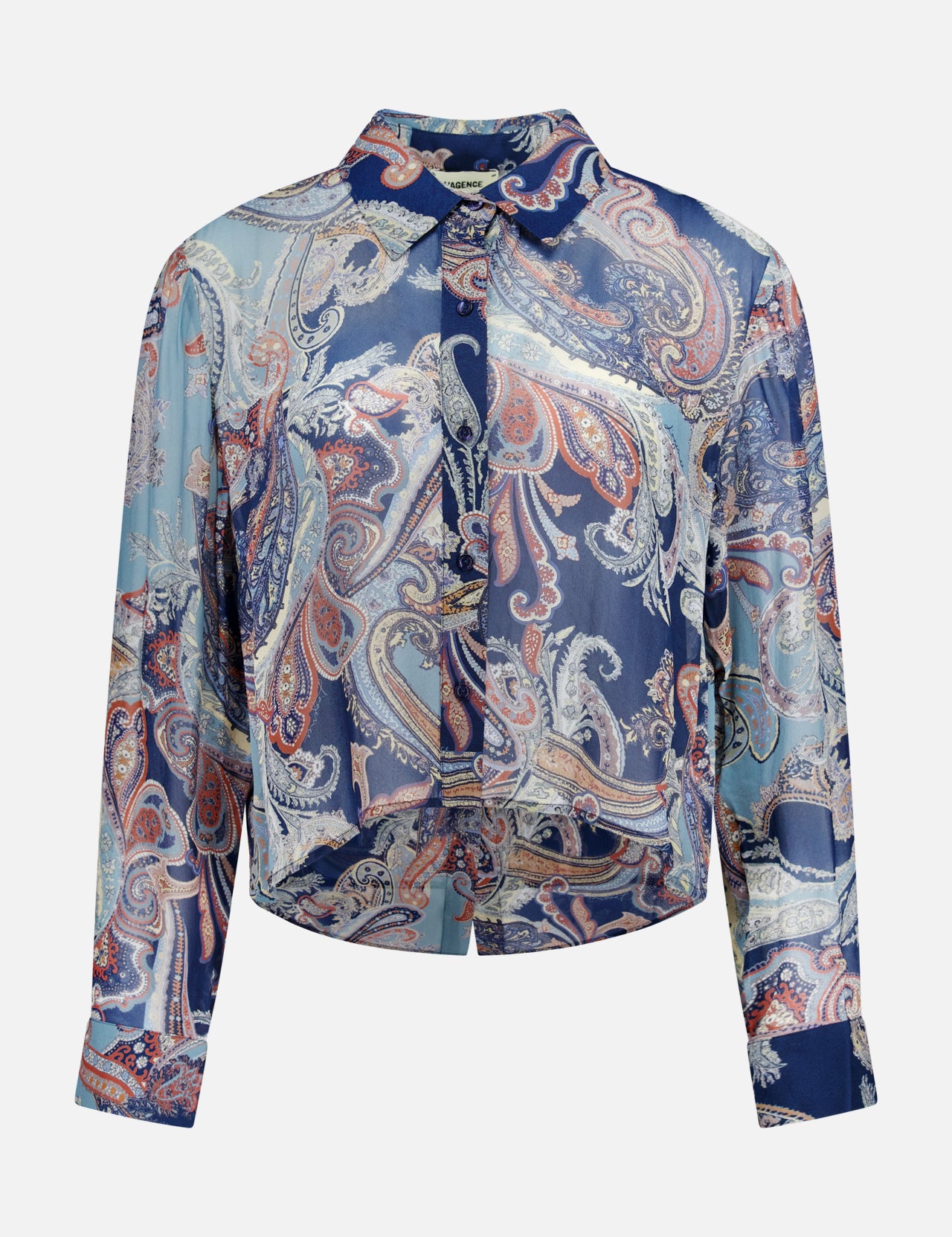 The Cosette Crop Hi Low Shirt by L’AGENCE is a long-sleeve button-up blouse showcasing a vibrant paisley pattern in blue, light blue, and red hues. This tailored top features a classic collar with a slightly cropped high-low hem for a modern, boxy silhouette.