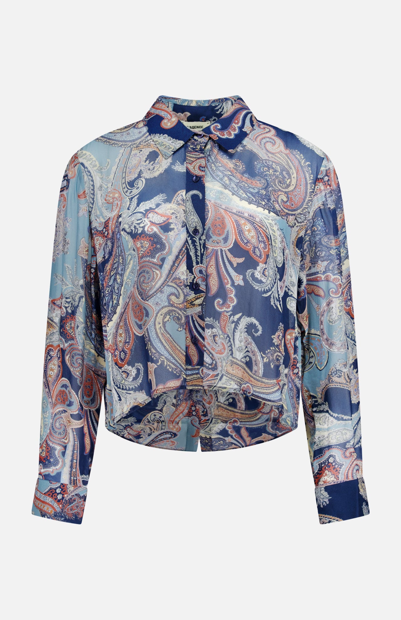 The Cosette Crop Hi Low Shirt by L’AGENCE is a long-sleeve button-up blouse showcasing a vibrant paisley pattern in blue, light blue, and red hues. This tailored top features a classic collar with a slightly cropped high-low hem for a modern, boxy silhouette.