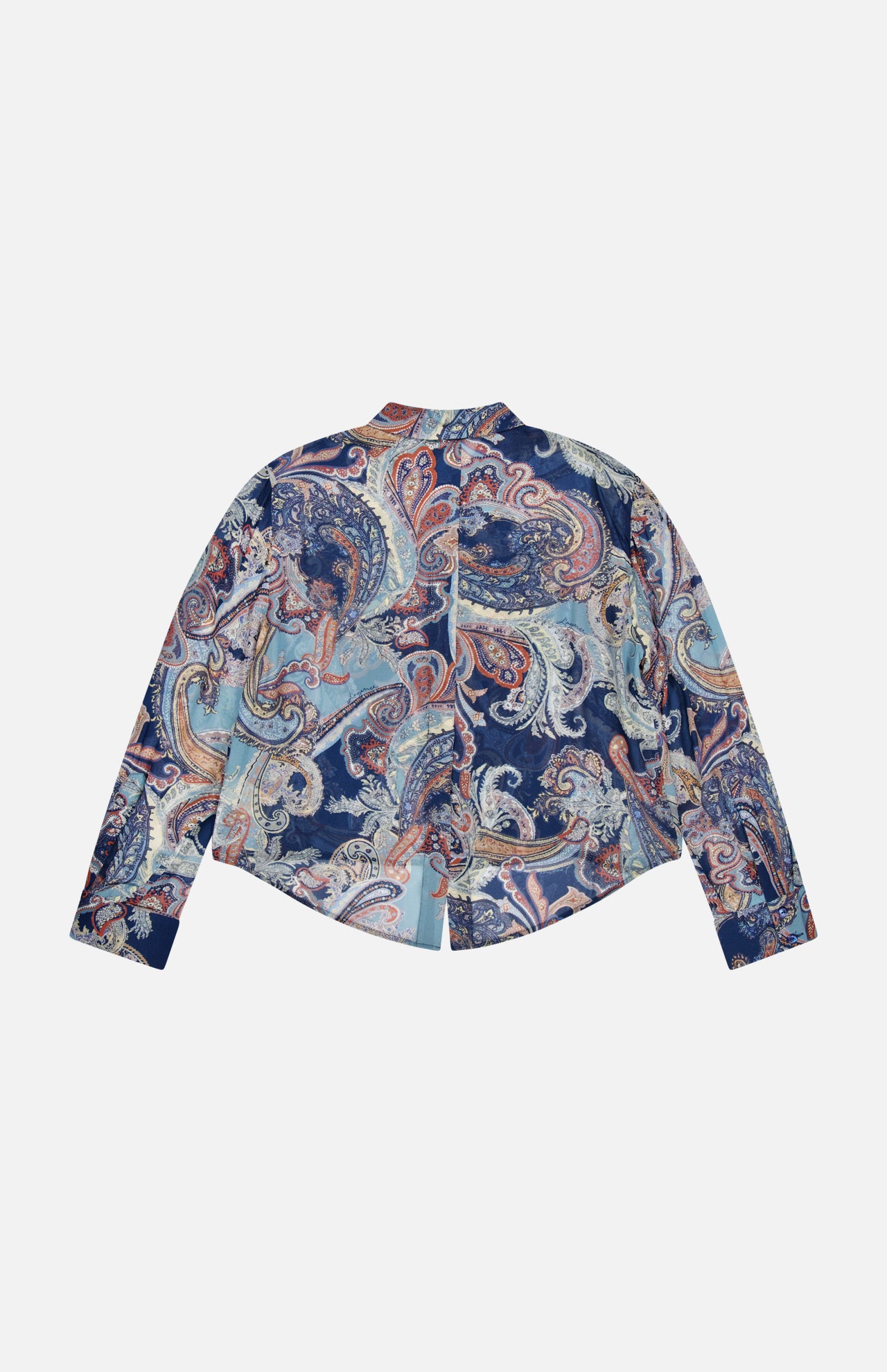 The Cosette Crop Hi Low Shirt by L’AGENCE is a long-sleeve paisley print blouse, featuring a multicolored pattern in blue, pink, and cream tones. Displayed flat with the back facing up against a white background, this tailored shirt offers a modern twist on a classic style with its cropped high-low hem.