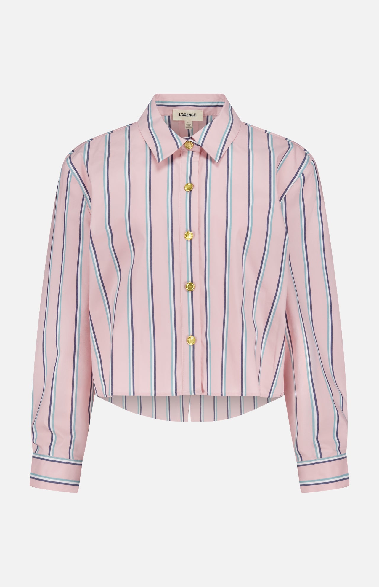 The L'AGENCE Cosette Crop Hi Low Shirt is a pink, long-sleeve, collared top with blue and white vertical stripes, gold buttons, a cropped high-low hem, and is made from organic cotton. Displayed on a plain white background.