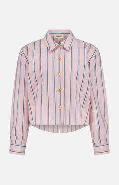 The L'AGENCE Cosette Crop Hi Low Shirt is a pink, long-sleeve, collared top with blue and white vertical stripes, gold buttons, a cropped high-low hem, and is made from organic cotton. Displayed on a plain white background.
