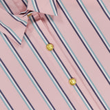 Close-up of the L'AGENCE Cosette Crop Hi Low Shirt in pink with blue and white vertical stripes, gold buttons, and a cropped high-low hem.
