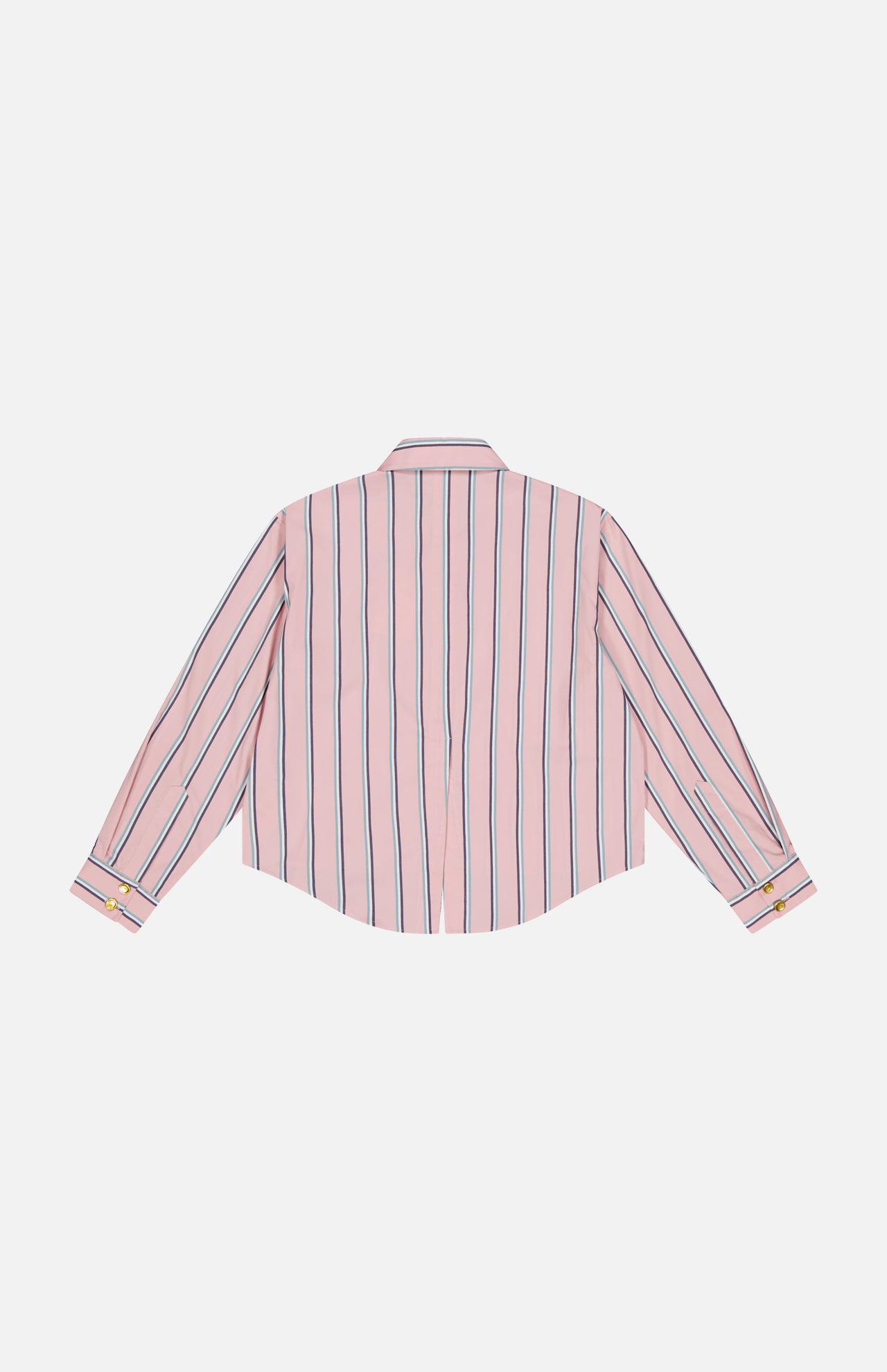 The Cosette Crop Hi Low Shirt by L'AGENCE is a pink long-sleeve top with vertical navy and white stripes, shown from the back, featuring a collar, yellow cuff buttons, and a cropped high-low hem.