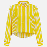 The Cosette Crop Hi Low Shirt by L'AGENCE is a collared, long-sleeve button-up with bold yellow and white vertical stripes and a gently curved hem.